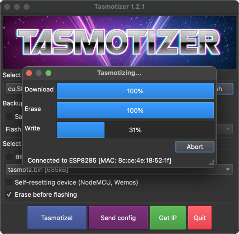 Tasmotizer on macOS in progress flashing Tasmota to an ESP-02S 